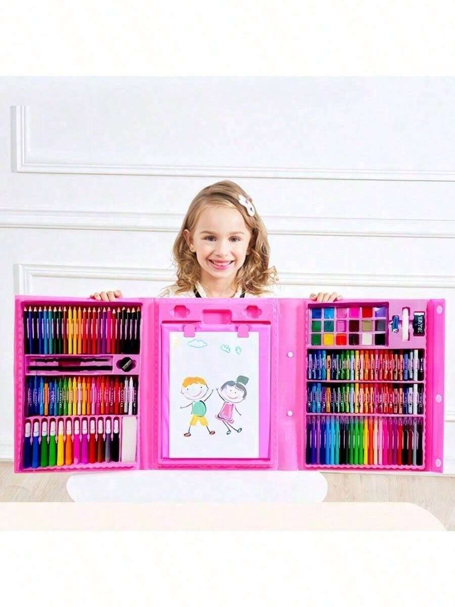 一套68件/208件儿童美术绘画套装，包含画笔、马克笔、彩色铅笔、橡皮、卷笔刀、调色盘、尺子、A4绘画纸、画架，是圣诞节、开学季、生日礼物和学习用品的绝佳选择（包装设计和内部物品颜色随机）。 - 彩色 - 查看 1