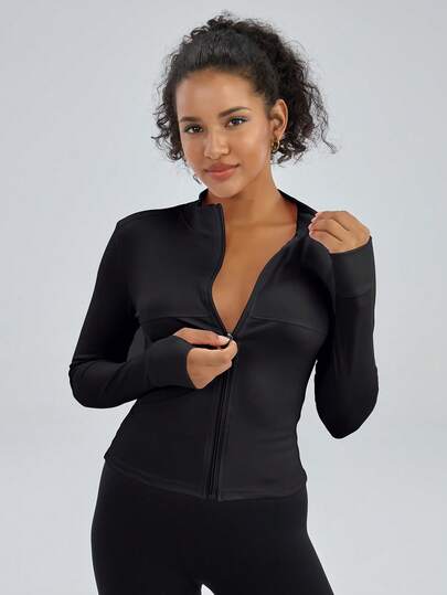 1pc Women's Stand Collar Slim-Fit Zip-Up Yoga Sports Jacket, Long Sleeve Thumbhole Training Top, Running, Fitness, Yoga, Outdoor Sports, Gym, Define Jacket, Jackets For Women, Gym Wear Women