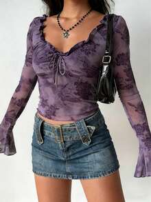 Women's Bell Sleeve Top, Flocked Ruffle Detail, Tie Waist Fitted Purple Shirt, Retro Gothic Style Tie Shirt