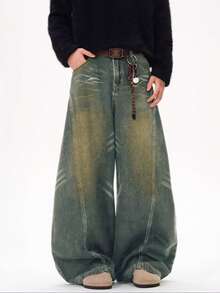 1件装 Justice Brother 做旧直筒牛仔裤，饰有弯刀和胡须图案，休闲宽松版型，男士街头服饰裤