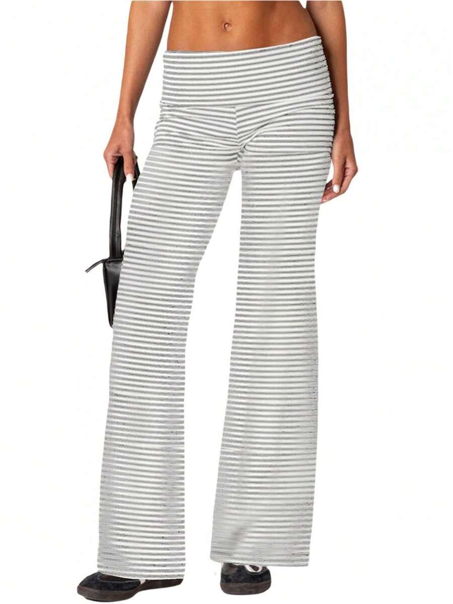 Women Elastic Wide Leg Pants Casual Cute Striped Print Folded Waist Trousers For Work Office Streetwear - Light Grey - View 1