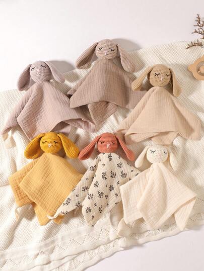 1条婴儿柔软印花纯色安抚毛巾，可作面巾、手帕、洗脸巾、口水巾、兔子图案安抚巾