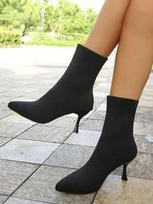 New Thin Knitted Short Boots, Fashionable Pointed Elastic Socks Boots, New Black Knitted Socks Boots, Light And Thin High-Heeled Thin Elastic Boots, French Pointed Thin-Heeled Elastic Boots, Black Knitted Short Boots For Women With Long Legs, Fashionable Knitted Elastic Socks Boots, Thin And Pointed Boots, Women's Multi-Functional Commuter Shoes, Light And High Knitted Short Boots, Pointed Thin And Elastic Socks Boots. - Black - View 9