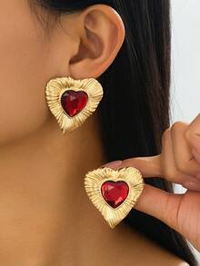 1 Pair/2pcs Fashionable Exaggerated Mini Retro Striped Heart Rhinestone Inlaid Stud Earrings For Women, Suitable For Evening Gala, Vacation, Birthday Party, Gift For Loved Ones - Red - View 1