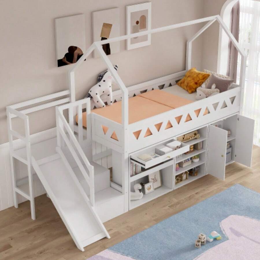 Kinderbett, Einzelbett, Multifunktionales Kinderbett, Mit Rutsche Und Treppen, Mit Schubladen Und Schließfach, Mit Magnetischer Tür,Ohne Matratze, Massivholz, White, 90*200 - White - View 1