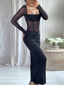 Women's Elegant Sexy Maxi Dress, Square Neck Long Sleeve Mesh Patchwork Fitted Long Dress, Solid Color Sexy Knit Fabric Mesh Splice Elegant Evening Party Dress, Spring/Summer - Black - View 2