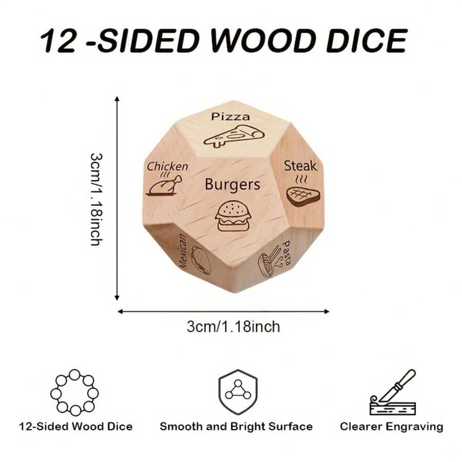 1个情人节木制骰子礼物，情侣游戏圣诞礼物，12面日期骰子，情人节食物活动骰子，约会情侣礼物（由于批次问题，食物图案可能略有不同） - 彩色 - 查看 1