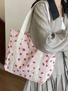 Prosta torba na ramię z nadrukiem truskawkowym dla kobiet, duża pojemność na wakacje i podróże, uniwersalna, swobodna, sztruksowa torba z wieloma kieszeniami i uchwytem u góry, lekka, przenośna torba na zakupy na co dzień, idealna do dojazdów i wyjść - Różowy - Zobacz 8