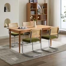 Set med 2 moderna medeltida matstolar, sammet, naturlig rottingbas och kromat rostfritt stål, klädda köksstolar i rotting, guld, beige, olivgrön. - Olivgrön - Visa 3