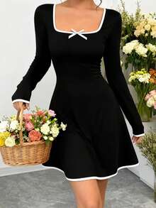 Women's Spring Mini Dress Elegant Long Sleeve Bow Square Neck Slim Fit Waist Cinching Dress For Daily Event Wear - 黑色 - 查看 4