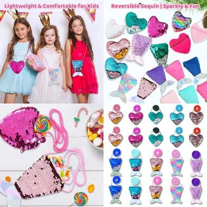 New 20Pcs Mermaid And Heart Sequin Purses For Girls Zipper Pouches Premium Party Favours For Birthday Party Return Gifts Coin Purse Small Wallet Classroom Prize For Students