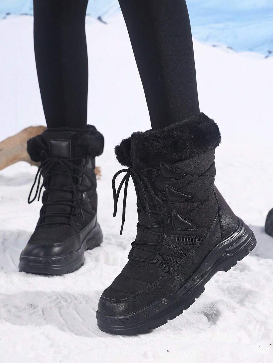 女士系带高帮靴,保暖雪地靴,中筒冬季鞋,户外休闲运动靴 - 黑色 - 查看 1