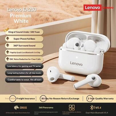 Lenovo Tai nghe nhét tai không dây Bluetooth 5.4  EA230, với tính năng khử tiếng ồn, độ trễ thấp, cuộc gọi HD, âm thanh nổi 360°, tai nghe Bluetooth không dây thực sự phù hợp cho thể thao, chạy bộ, làm việc và du lịch.