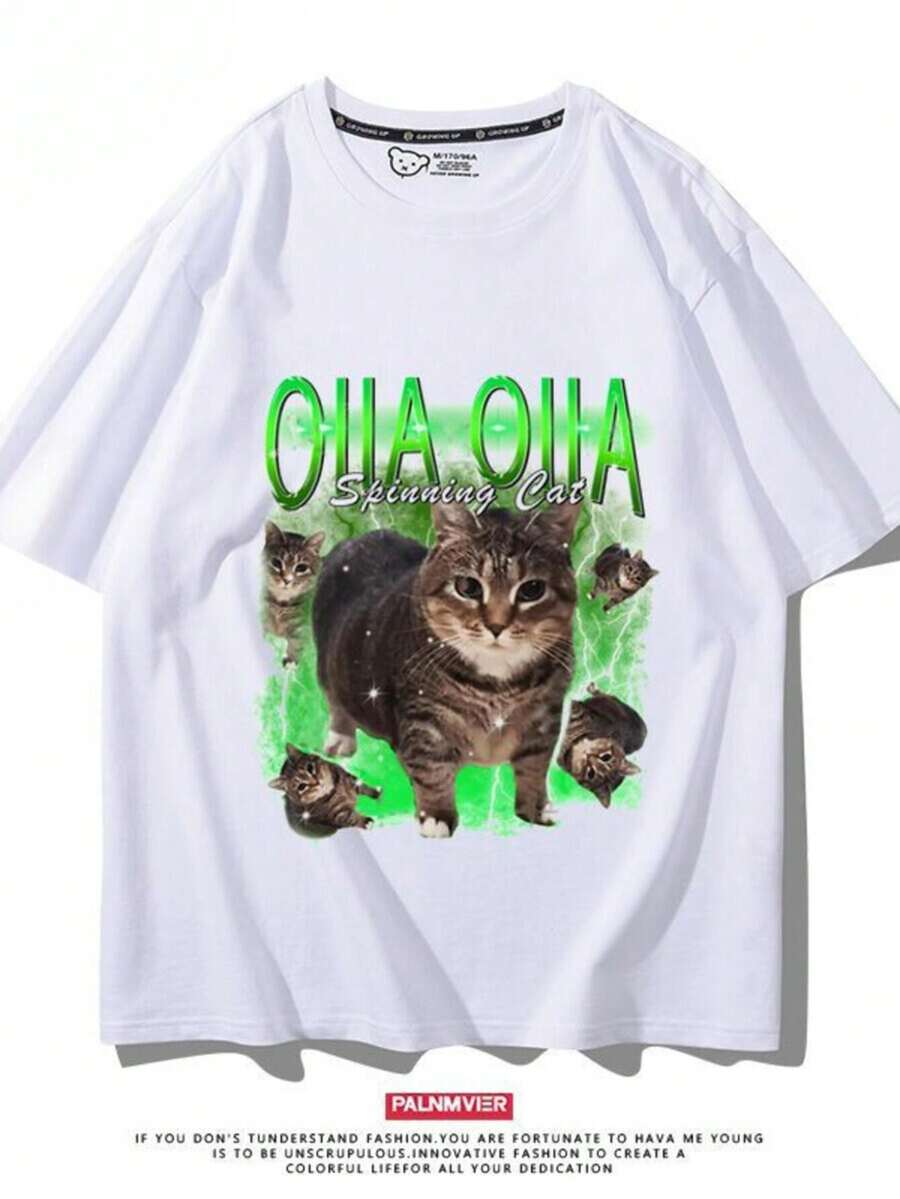Oiiiai Rotating Cat Meme Cat Expression Print Short Sleeve Unisex Summer Cute Fun Versatile Casual T-Shirt - Blanco - Ver 1