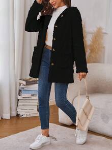 Women's Comfortable Faux Fur Winter Jacket, Front Button And Pocket - Long Casual Style, Solid Color, Button Design, Suitable For Cold Weather, Winter Casual Wear | Button Jacket | Durable Jacket, Women's Winter Clothing, Women's Jacket, Women's Winter Jacket, Women's Fleece Jacket - 黑色 - 查看 1