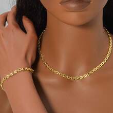 2pcs Simple 14K Gold Plated U-Shaped Necklace Bracelet Jewelry Set For Men Women Daily Party Wear - Gold - View 2
