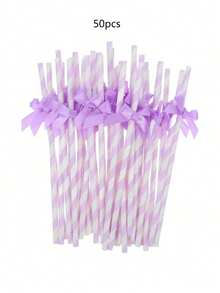30/50/100 Stück lila gestreifte Papierstrohhalme mit Satinschleifen, geeignet für Babyparty, Geburtstag, Hochzeit, Brautparty, Schmetterlings-Themenparty, Teenager-Übernachtungsparty, Partydekorationen - Violett - Übersicht 11