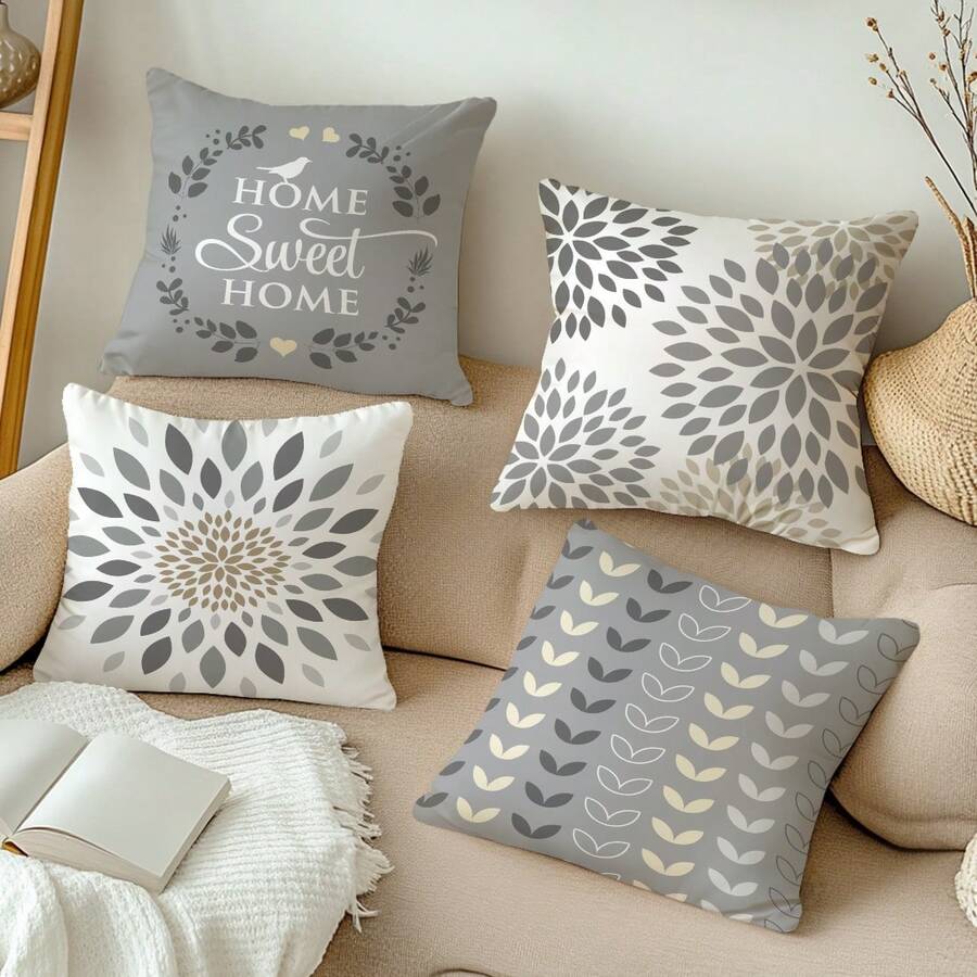 MEMNUN 4 piezas Fundas de cojín modernas y sencillas con estampado geométrico gris, floral y de hojas "Home Sweet Home", de tela de terciopelo melocotón con impresión de un solo lado, en tamaños 17.7*17.7in(45*45cm)/19.69*19.69in(50*50cm)/15.75*15.75in(40*40cm), adecuadas para la decoración del hogar, cojines de sofá de la sala de estar, todo el año, gran regalo