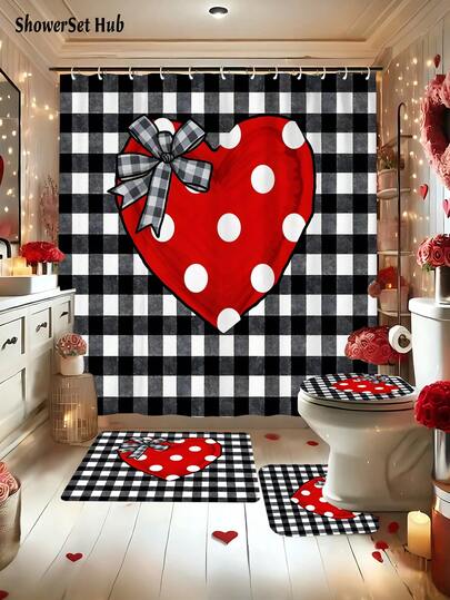 Valentine's Day Decorations1/3/4pcs Black White Plaid Red Polka Dot Heart Shower Curtain Bathroom Sets,Vintage Waterproof And Wear-Resistant Accessories,With 12 Hooks - Includes Toilet Seat Cover, Bath Mats, And Rugs - Plastic Fabric - Washable,Mildew-Resistant - Perfect For Holiday Decor,Home/Bedroom/House/Western/Spring Decor,