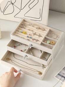 1pc Acrylic Jewelry Box, Large Capacity Jewelry Storage Box, Drawer Style Jewelry Display Case With Adjustable Velvet Tray, Suitable For Earrings, Rings, Bracelets, Necklaces, Ideal For Birthday, Anniversary, Valentine's Day Gift - Beige - View 13