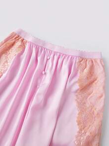 Women's Pajama Sets Lace Patchwork Spaghetti Strap Ruffled Cami Tops With Loose Pants 2Pcs Soft Sleepwear - Pink - View 6
