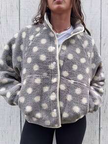 Womens Fall Winter Fleece Jacket Dot Pattern Long Sleeve Lapel Button Down Sherpa Coat - Gris - Ver 3