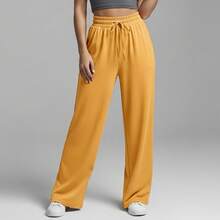 Comfortable Women's Wide-Leg Sweatpants, Soft, Structured Fit, Casual, Basic, Plain, With A Faux Drawstring. - Mustard Yellow - View 9
