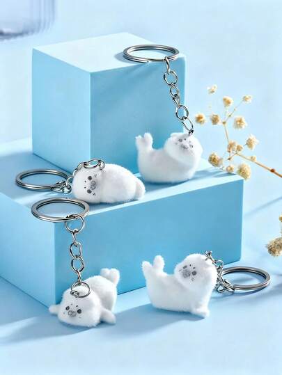 4pcs Cute Cartoon Resin Plush Little Seal Keychain – Exquisite Animal Couple Bag/Phone/Keychain Pendant, Party Gift, Backpack, Purse, Car Keychain Decoration, Fashionable Souvenir Pendant, Perfect Holiday Gift, Ideal Choice For Family And Friends