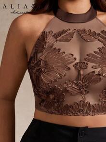 A&A Große Größen elegante Blumen Häkel-Mesh-Stickerei Weste, Sommerbekleidung, romantische Hochzeitssaison, Blumenoberteil, würdevolles Top, Ball-Party, Schulanfang, anmutige Damen, Weiß-Themen-Party, Outfit für Neujahr - Kaffeebraun - Übersicht 2