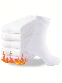5 Pairs Unisex White/Grey/Black Ribbed Cuff Thick Socks, Soft Knit Fabric, Warm & Breathable, Comfortable Casual Mid-Calf Socks, Suitable For Daily Wear, Office Commute And Leisure Outings, A Perfect Gift For Valentine's Day For Your Loved One - White - View 5