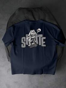 Camiseta de manga corta de cuello redondo estampada con conejo y monopatín, de color negro, de moda y para uso diario, para ir al trabajo - Negro - Ver 1