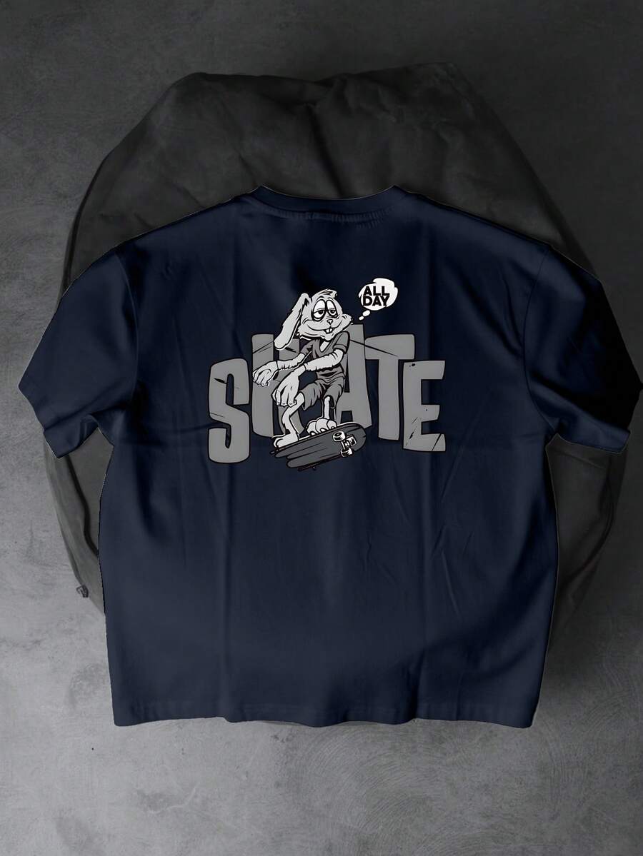 Camiseta de manga corta de cuello redondo estampada con conejo y monopatín, de color negro, de moda y para uso diario, para ir al trabajo - Negro - Ver 1