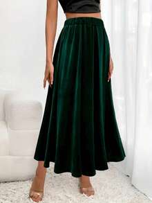 女士百搭丝绒半身裙，松紧腰宽松休闲通勤裙，适合早春穿着 - 墨綠色 - 查看 8