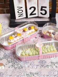 1/5/10 Sets Mini Toast Mold (With Lid And Spoon), Mini Cake Mold Set (With Lid), Rectangular Aluminum Foil Baking Cups, Pink, 6.8 Oz, Rectangular Aluminum Foil Baking Mold, Aluminum Foil Toast Mold, Portable Aluminum Foil Bread Party Dessert Supplies, Suitable For Wedding Birthday Party - Multicolor - View 5