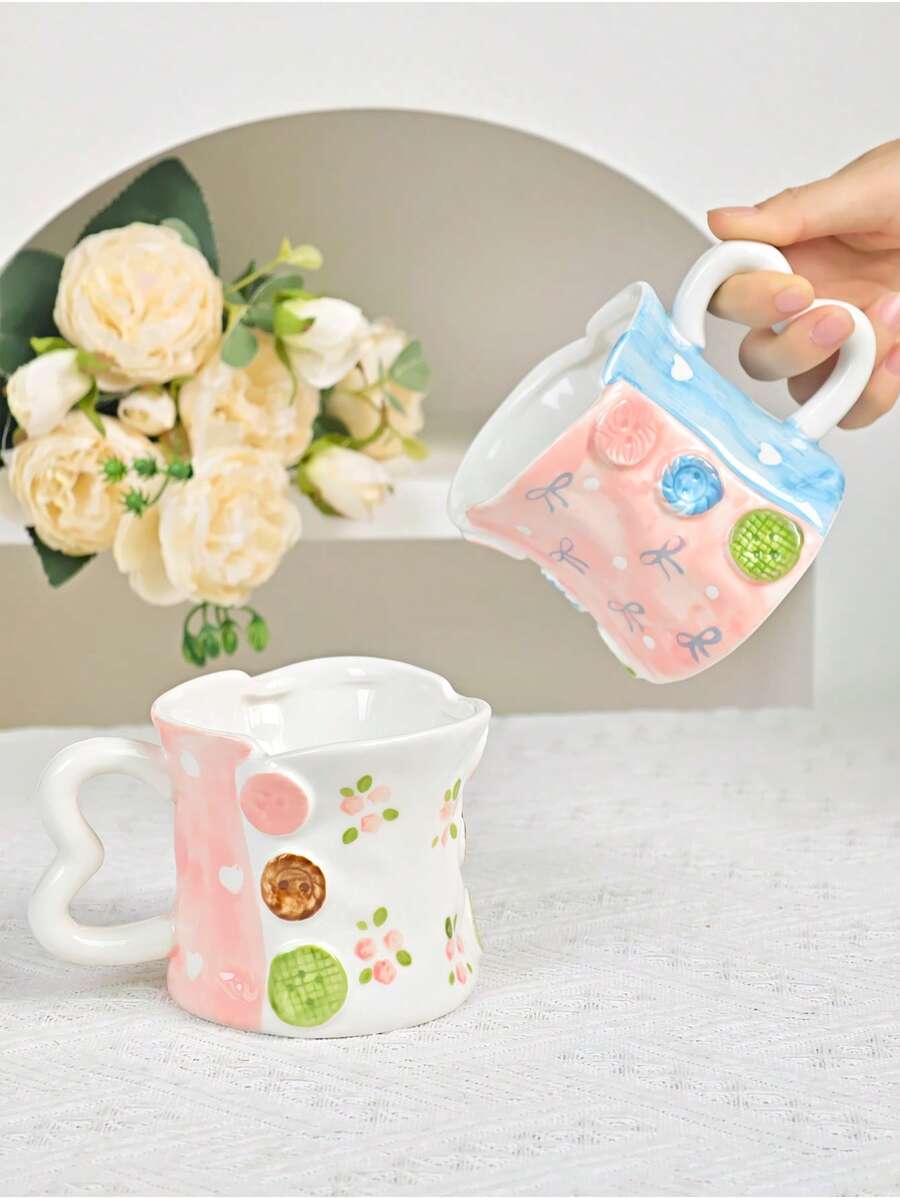 1 كوب قهوة سيراميك فريد من نوعه بشكل عقدة الزهور المرسومة باليد - متعدد الألوان - مشاهدة 1