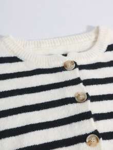 Women's Vintage Striped Cardigan, Casual Daily Wear, Suitable For Dates, Shopping, Spring/Autumn/Winter White - White - View 4