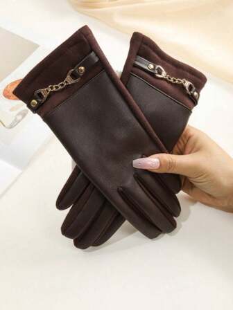 1 par de guantes de mujer de piel sintética marrón con forro térmico, de estilo motero de moda, adecuados para ciclismo al aire libre en primavera/otoño/invierno