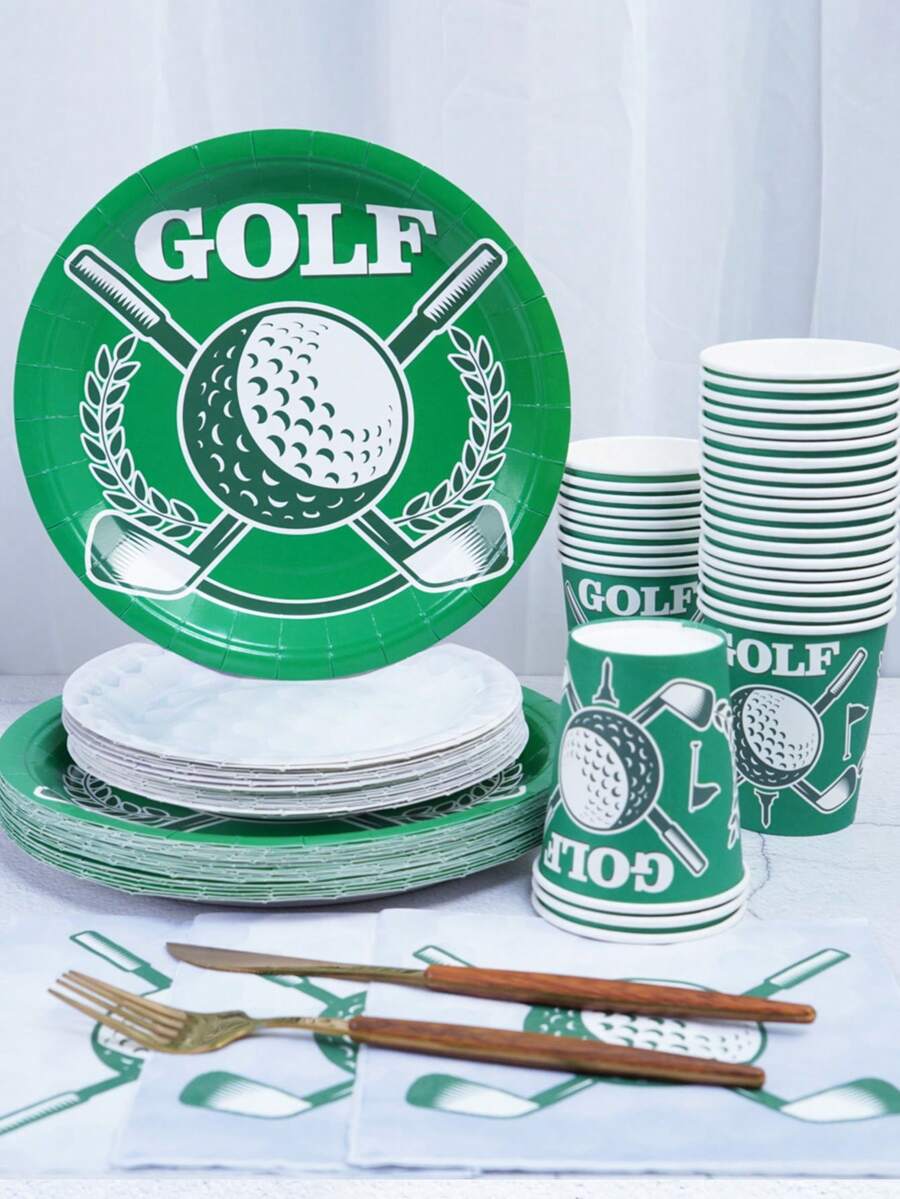 Golf-Themen Einweg-Papier-Tablett-Set, inklusive 9-Zoll und 7-Zoll Papier-Tassen-Servietten. Geeignet für verschiedene Anlässe wie Clubs, Partys, Picknicks, Hochzeiten, Baby-Partys, Abschlussfeiern, Familienbankette und Partyartikel. Geeignet für Küche und Esszimmer Dekoration sowie Partydekoration. Dies ist ein Set aus Empfangs-Papptellern und Einweg-Geschirr. Hochzeitsparty, Design.