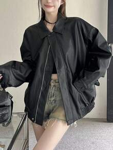 Chaqueta para mujer Chaqueta retro de cuero marrón para mujer - Estilo corto para primavera/otoño Chaqueta de cuero holgada estilo coreano para mujeres bajitas Chaqueta motera elegante con cremallera, cuello vuelto, botones y bolsillos Chaqueta de cuero informal y desenfadada de corte holgado - Negro - Ver 3