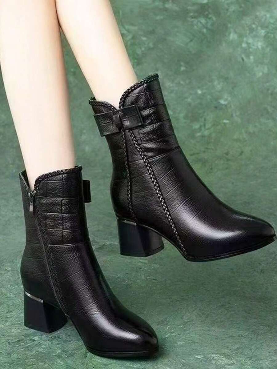 女士时尚经典踝靴，新款中跟及膝冬季鞋，保暖、时尚、百搭、软底，妈妈靴 - 黑色蝴蝶結 - 查看 1