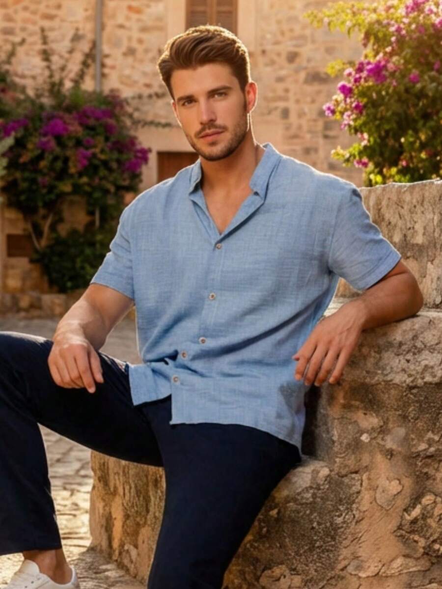Men's Short-Sleeve Shirt With Mandarin Collar And Linen-Look - Assorted Colors - Comfortable - Xanh nhạt - Xem 1