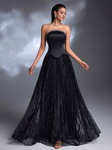 Vestido maxi de encaje plisado 2 en 1 con cuello de volantes y dobladillo de cuentas, hecho a mano de manera elegante y lujosa por AMILUCK. Adecuado para banquetes formales, fiestas de noche, alfombra roja y vestidos de invitada de boda. Color negro, primavera. - Negro - Ver 6