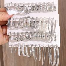 6件/24件/30件 时尚优雅复古精致仿珍珠心形几何编织宽金属C形耳环多件套装，节日、度假、派对、约会、日常佩戴礼品 - 銀色 - 查看 13