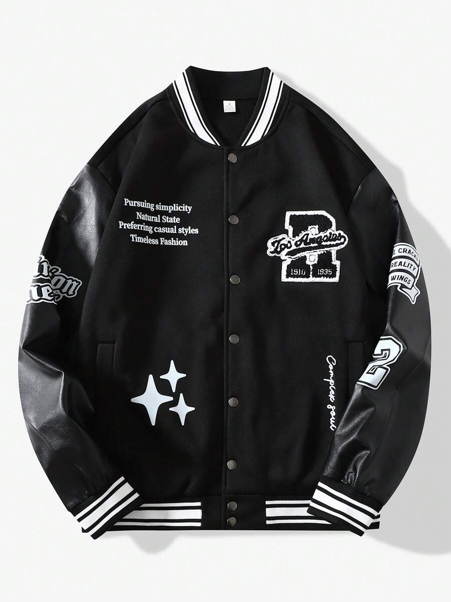 Vintage American Style Embroidered Baseball Jacket For Men, Autumn/Winter Black Patchwork Faux Leather Sleeve Loose Streetwear Letter & Star Print Bomber Coat - Black - View 1