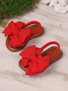 1双红色蝴蝶结装饰女童平底沙滩凉鞋，橡胶软底，撞色弹力带圆头可爱儿童拖鞋，适合3-15岁女孩，日常、上学、散步、旅行、聚会，2026春夏款 - 紅色 - 查看 2