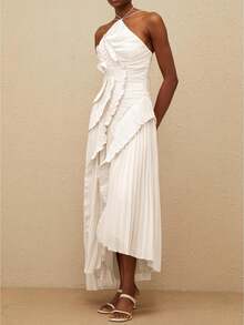 Women's Y2K Halter Neck Long Dress Elegant Sleeveless Backless Ruffles Tiered Cocktail Party Vacation Long Evening Dress - 白色 - 查看 5