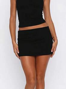 Y2K Bodycon Mini Skirt For Women Fold Over Waist Low Rise Stretchy Micro Skirts Summer Slim Fit Going Out Short Skirts Underneath Party Club Concert Outfit Streetwear - 黑色 - 查看 4