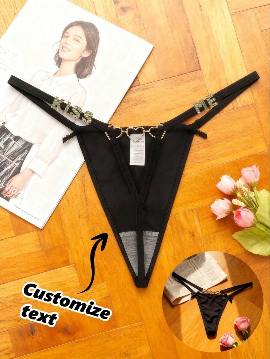 1 PC Custom Thong With Letter, Name Thong, Crystal Name Lingerie, Personalised Name Thong, Custom Name Thong,Valentine's Day Gifts - Black - View 1