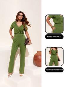 Women's Set: Pants With V-Neck Blouse - Modern - màu xanh lá - Xem 4