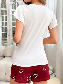 Women's Summer Heart Print Round Neck Short Sleeve Top And Shorts Casual Pajama Set, Minimalist Classic Fashion - Red and White - View 2